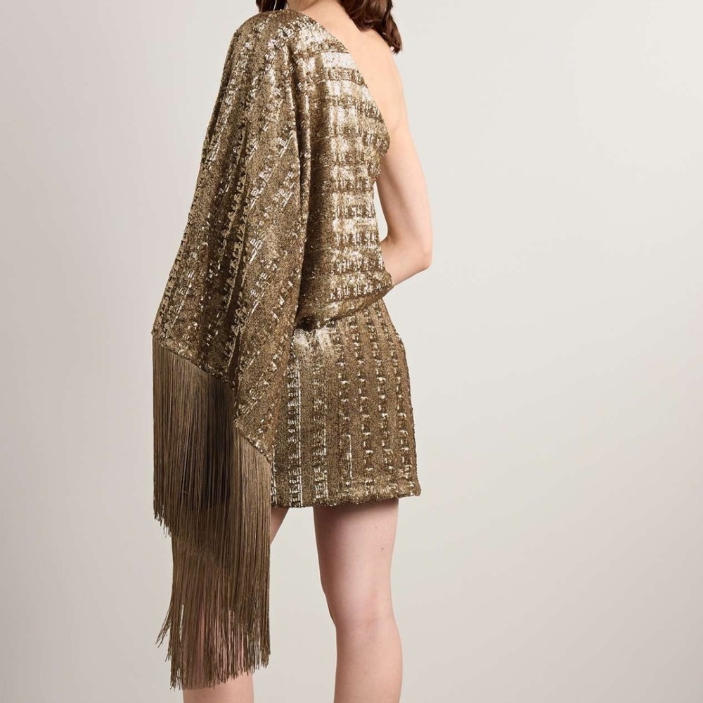 Gold One-Shoulder Sequin Fringe Mini Dress - Picture 2 of 10